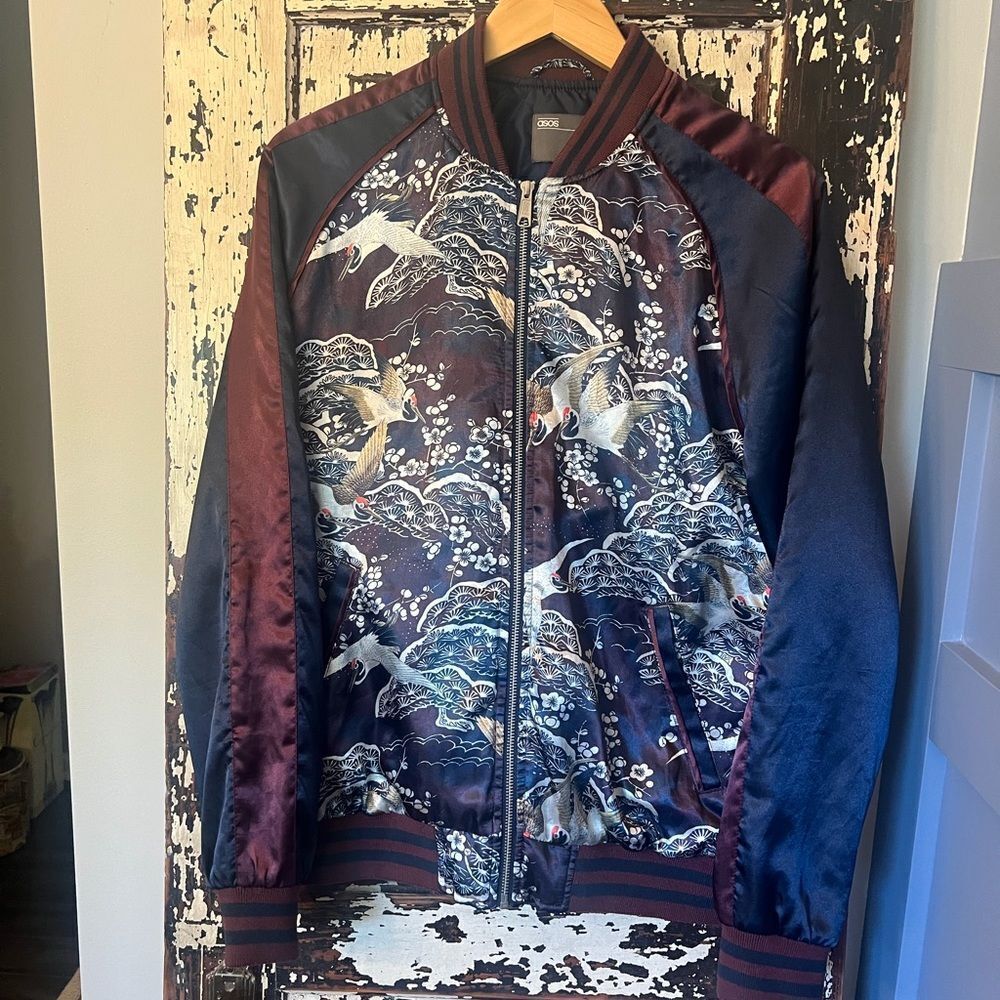 ASOS Navy and Burgundy Embroidered Bomber Jacket